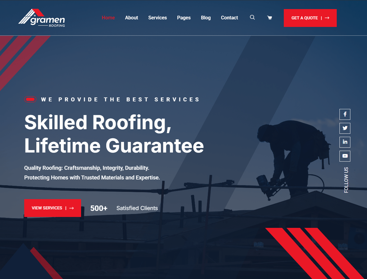 Roofing company website design example